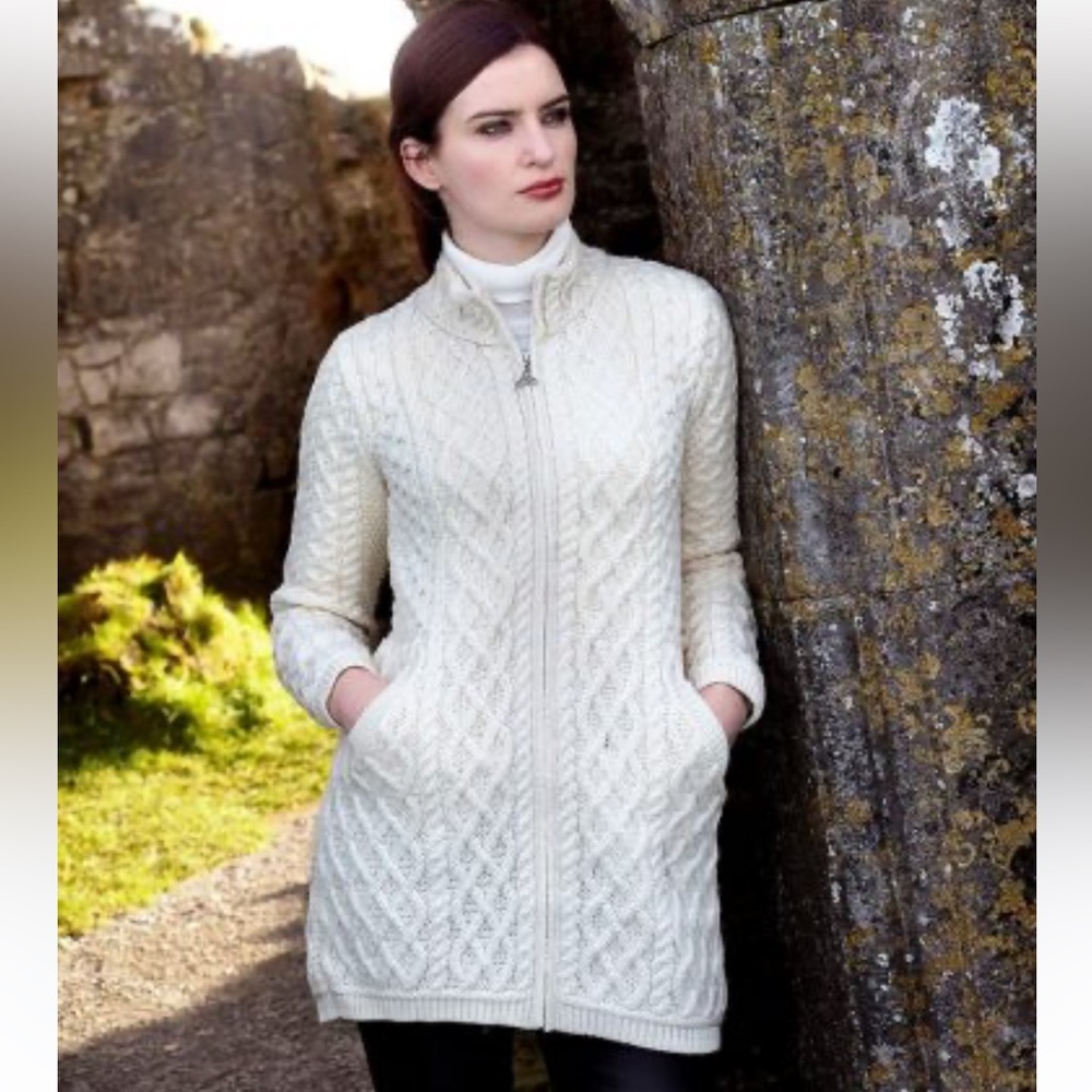 Aran Crafts Cream Cable-Knit Zip Front Cardigan